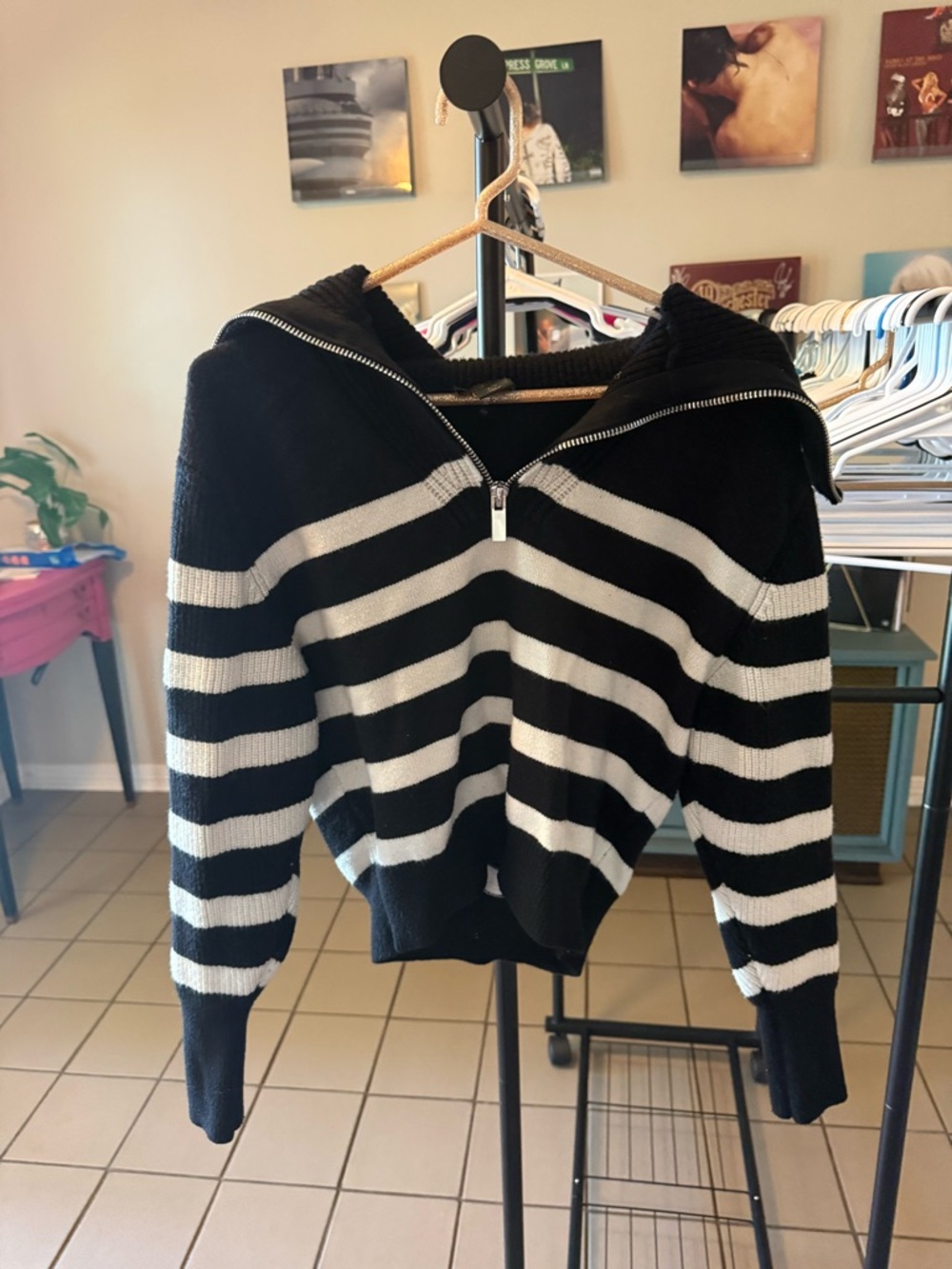 House of Harlow 1960 Black and White Striped Hooded Half-Zip Sweater